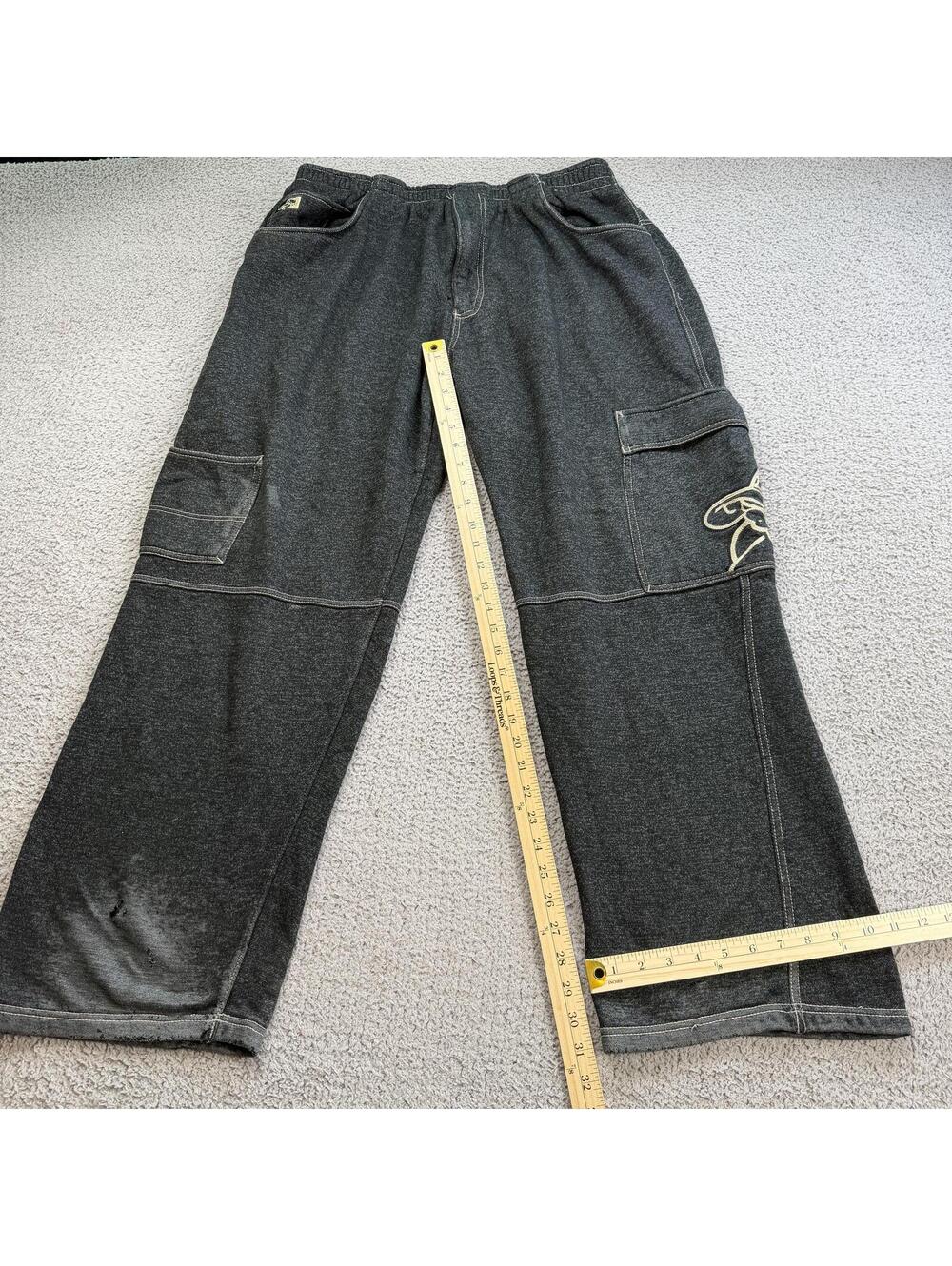 Y2K Hard Knock Denim Embroidered Baggy Cargo Sweatpants Black Wide Leg Carpenter - Picture 4 of 12